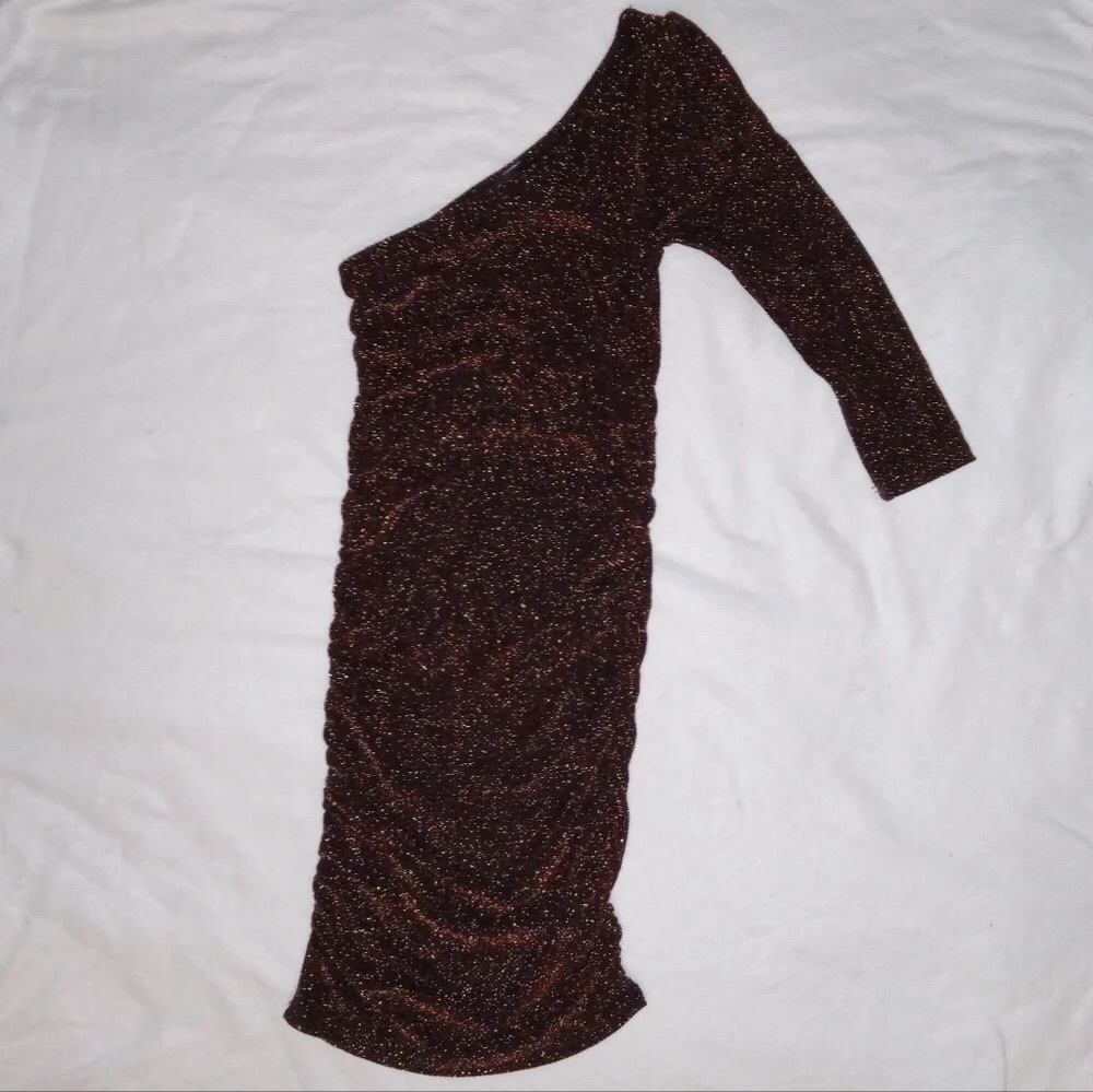 Janice Black & Metallic Bronze One Shoulder Ruched Side Bodycon Dress XS/S